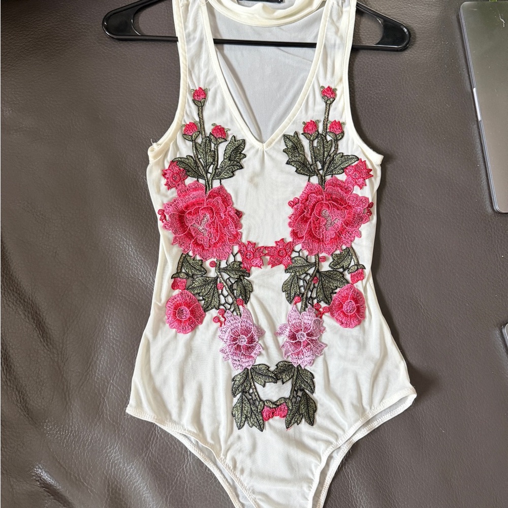 Floral Embroidered Mesh Bodysuit